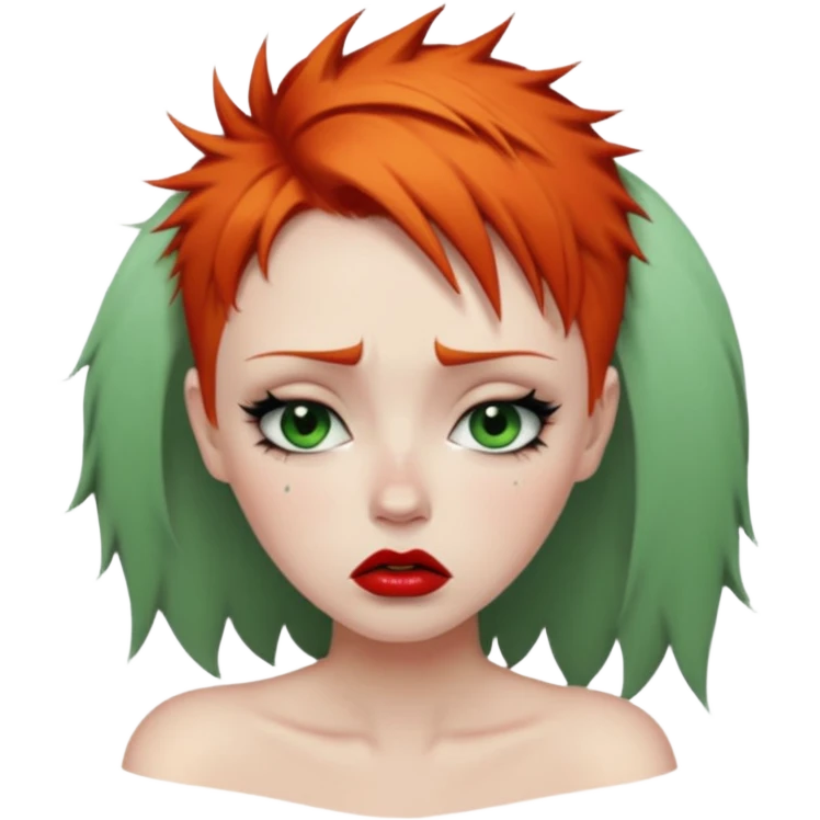 Short spikey Ginger hair, green eyes, black long eye lashes large red lips White woman very sad crying  emoji