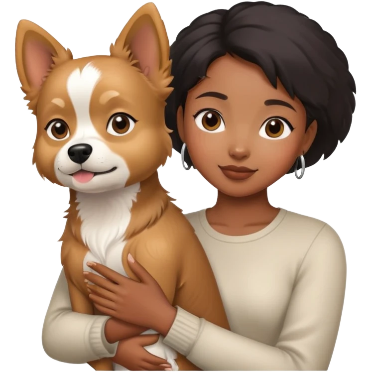 A black Asian girl hold a Yorkshire dog emoji