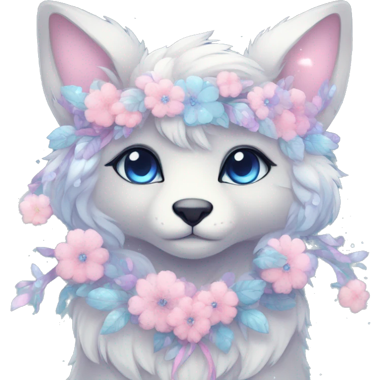 Anthro Cute Cool Pastel Kawaii gorgeous sparkly ethereal fantasy animal creature with blue eyes furry sona with flowers and ribbons beautiful aesthetic emoji