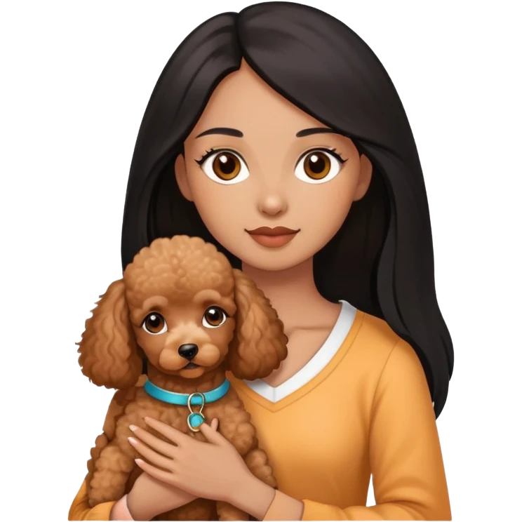 woman with  brown  skin,longblack straight hair and brown  eyes is holding a apricotpoodle puppy emoji