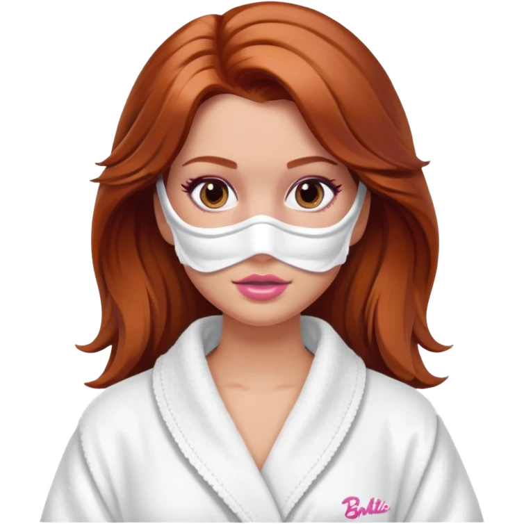 A Barbie face with shoulder-length reddish-brown hair, makeup, a smeared face mask, and a bathrobe. emoji