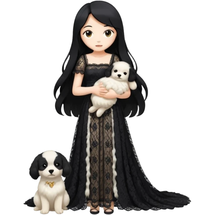 Pastel anime lady long hair with long lace dress full body holding puppy emoji