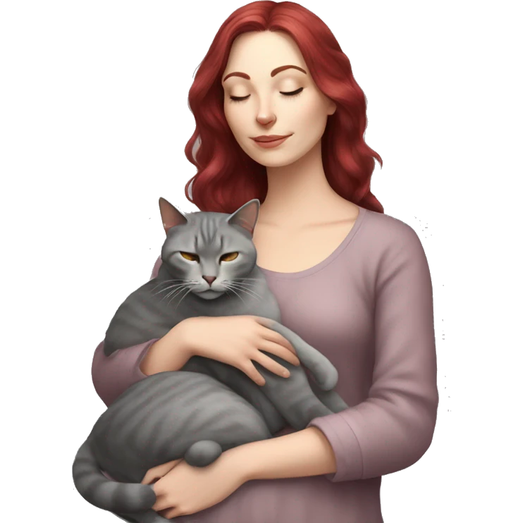 Realistic white girl burgundy hair sleeping with grey cat  emoji