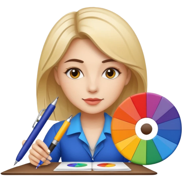 female graphic designer , color wheel, pens, papers emoji