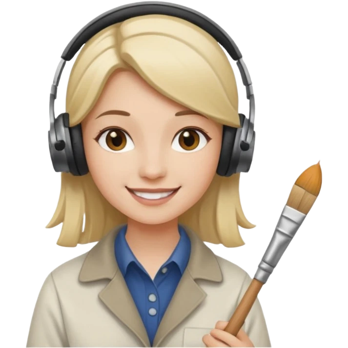 female artist wearing headphone, holding painter emoji