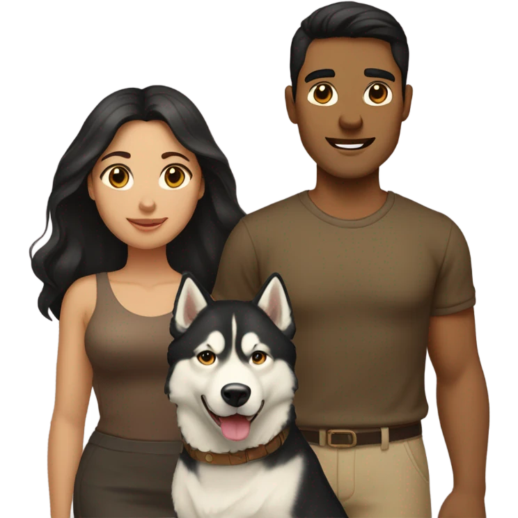 A couple man and woman Both have dark hair, with in the middle of them. A Husky. Golden beige emoji