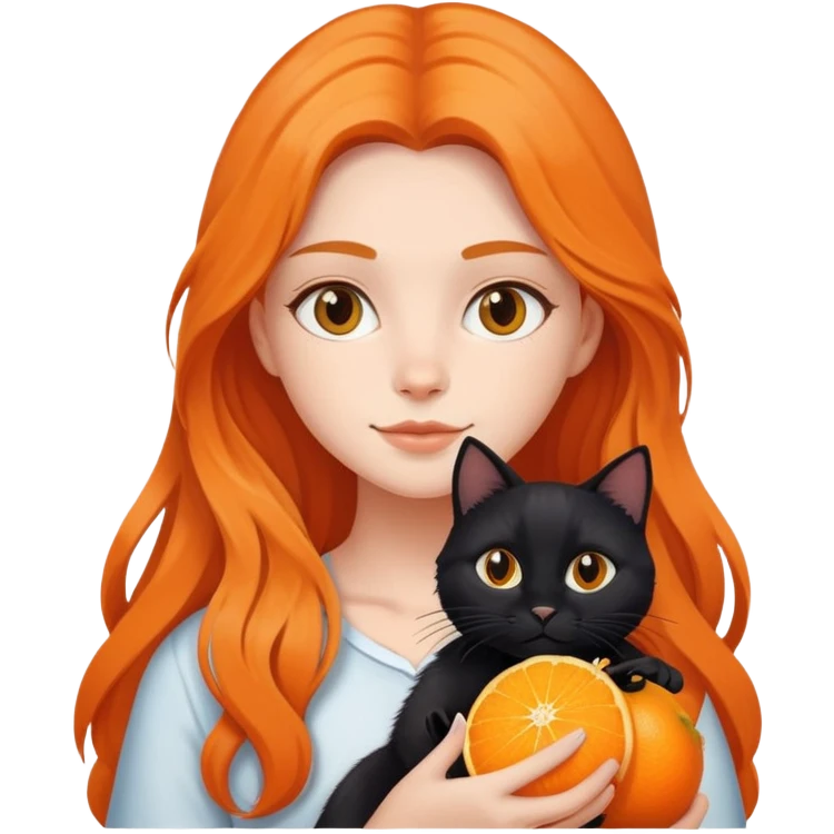 A long-haired girl holding a black cat and an orange cat emoji