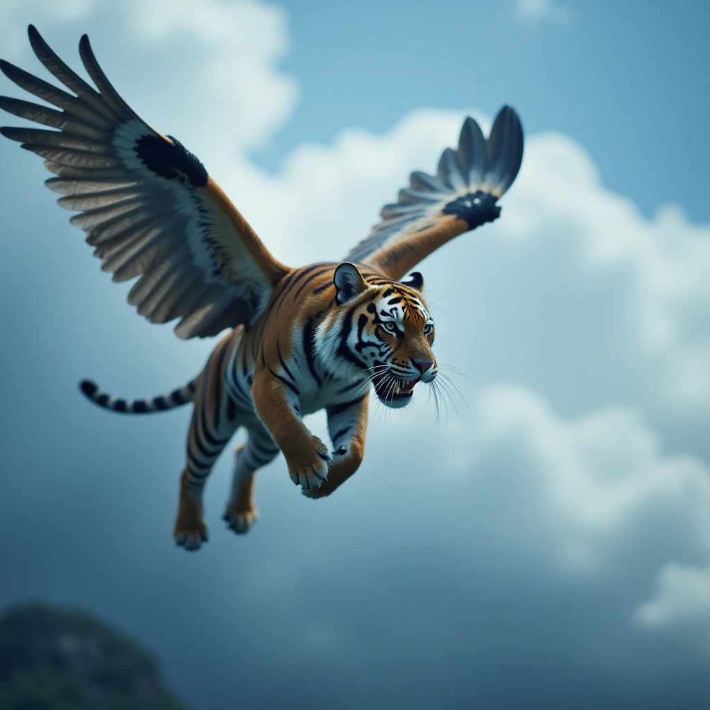 Cinematic still of a Tiger with wings and corwn flying around clouds, blue solid color, with cinematic blur emoji