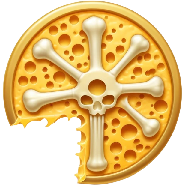 Glowing bone and vitamin K2 symbol with ethereal shredded cheese floating around them in a circular pattern. The cheese emits a soft golden light that flows toward the K2 and bone, creating a magical halo effect of bone-strengthening energy. emoji