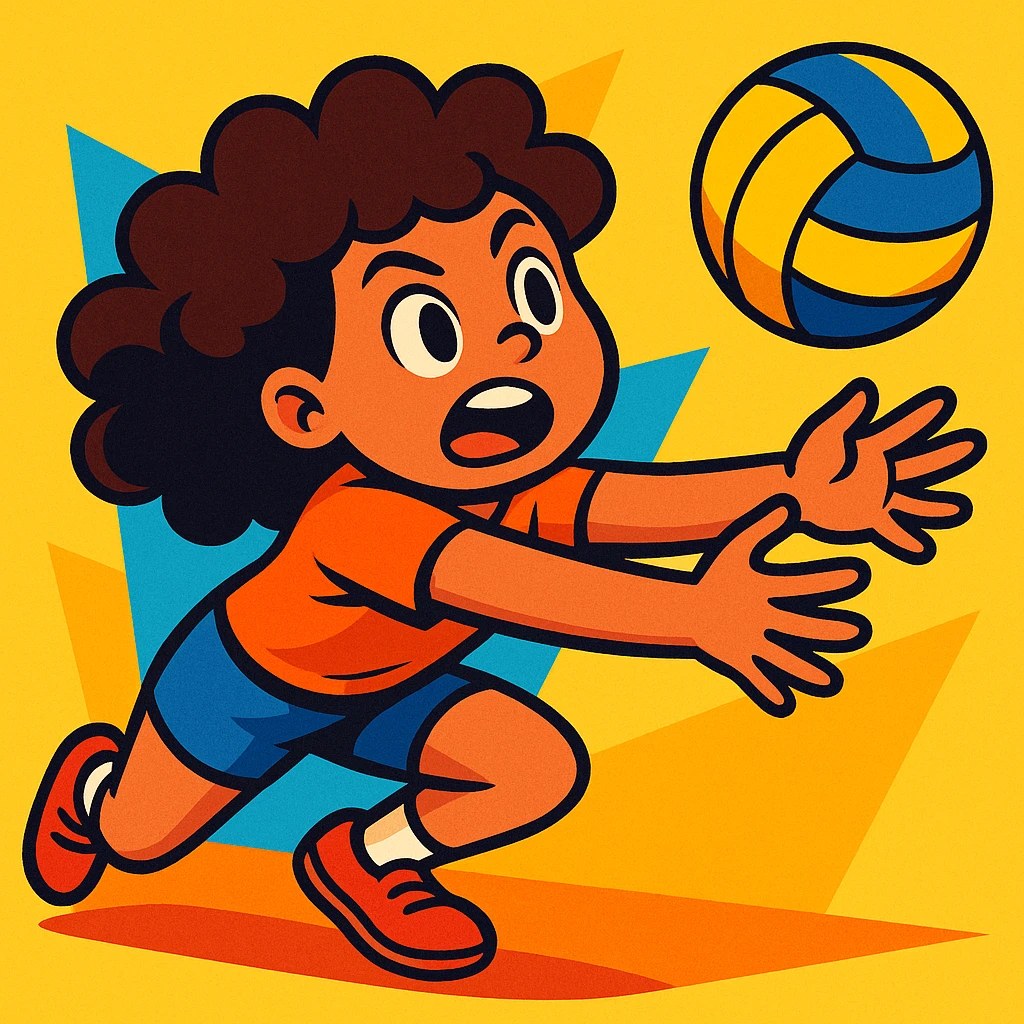 curly haired girl playing volleyball, diving for the ball, expressive face emoji
