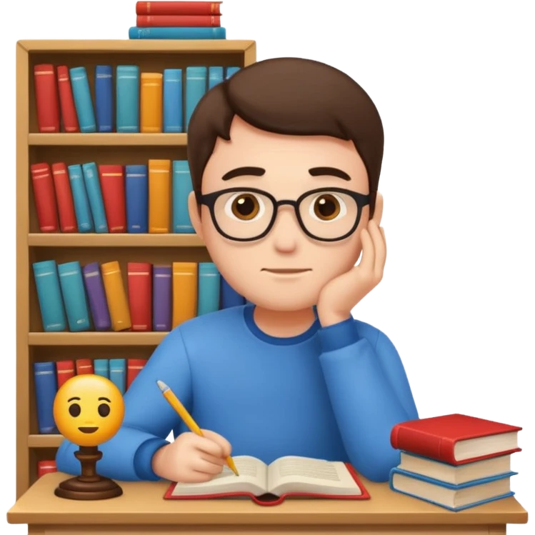 emoji man student studying at home with books, bored, room, white background emoji