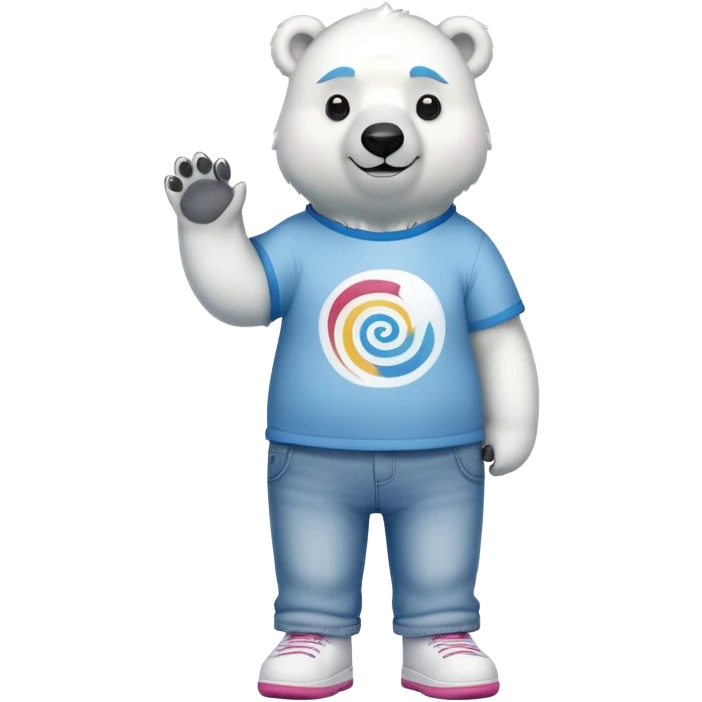 friendly anthropomorphised polar bear standing upright, looking chilled and unbothered, wearing a shirt, jeans, trainers, and spiral-shaped colorful glasses emoji