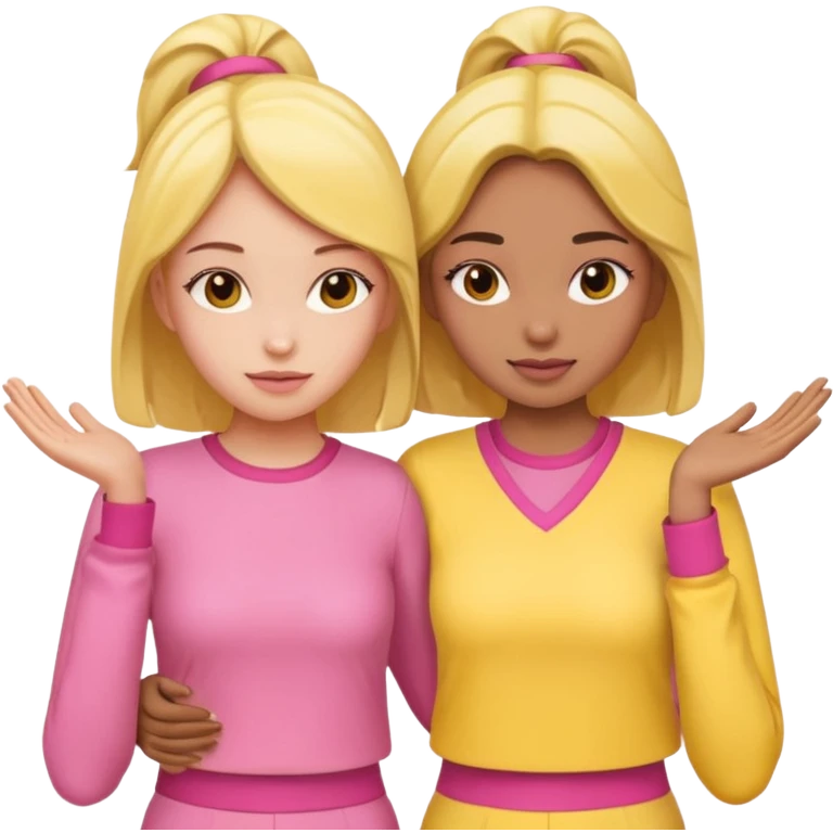 Two girl friends in pink and yellow are supporting each other emoji