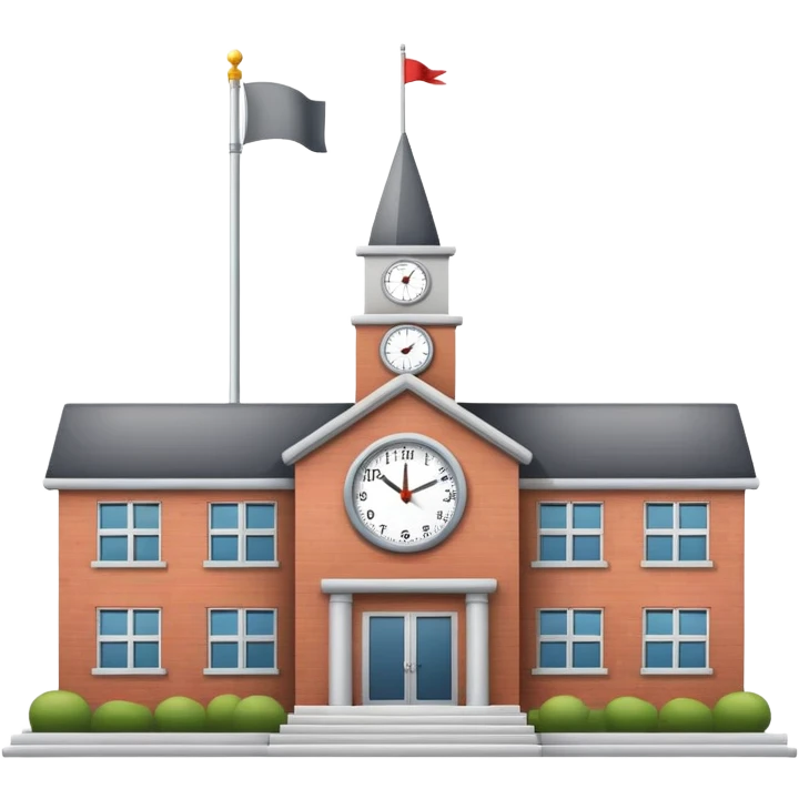 School building with clock on front and flagpole emoji