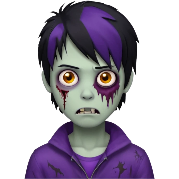 Boy, zombie, black hair, medium long, emo, shaggy, dark, spooky, creepy expression, purple skin emoji