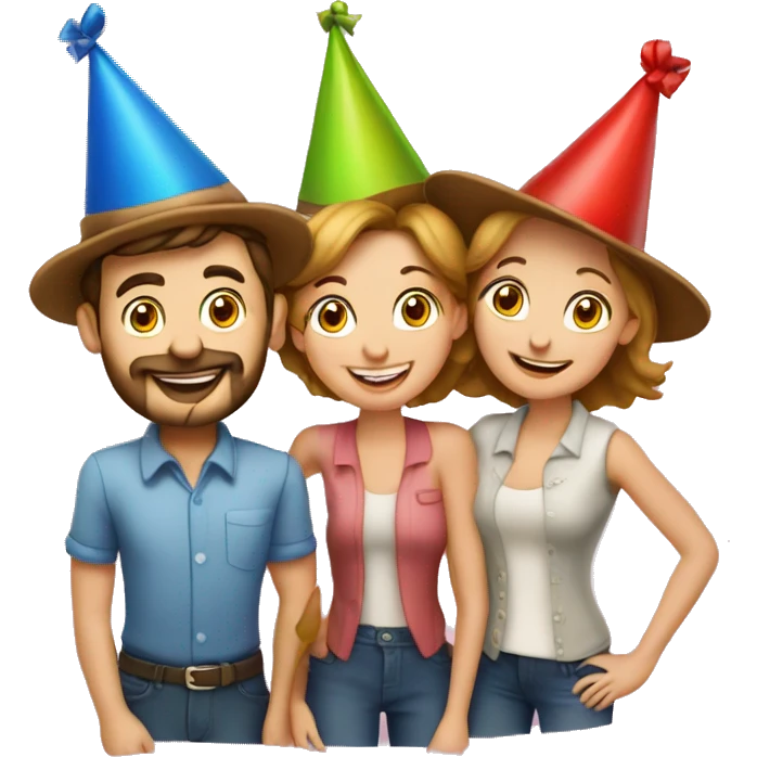 European company of 4 people (mom dad and 2 kids) celebrate birthday in birthday hats emoji