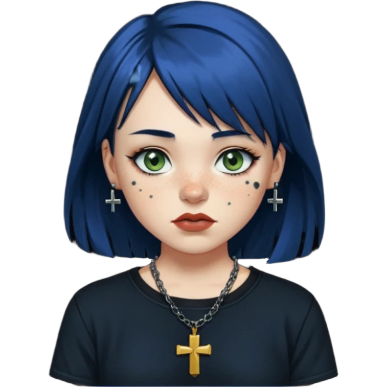 “Make an emoji of a girl with freckles on her cheeks, dark blue hair, greenish-brown eyes (more on the green side), black clothes, medium-sized lips, side curtain bangs, a punk cross necklace, and an Affliction shirt. emoji