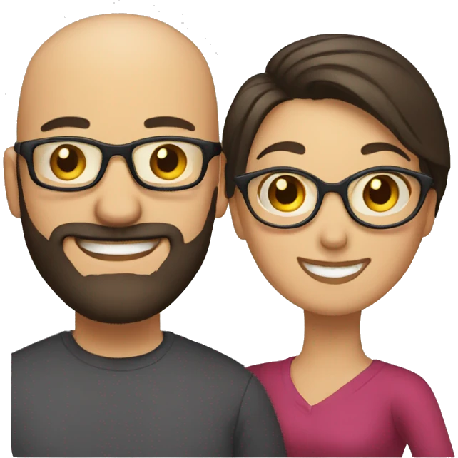 a couple, a man is bald and wearing glasses and beard. The woman is dark haired and smiling curvy emoji