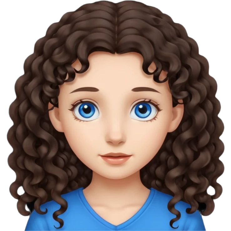 a girl with long dark brown curly hair that starts at the level of her ears, and blue eyes emoji