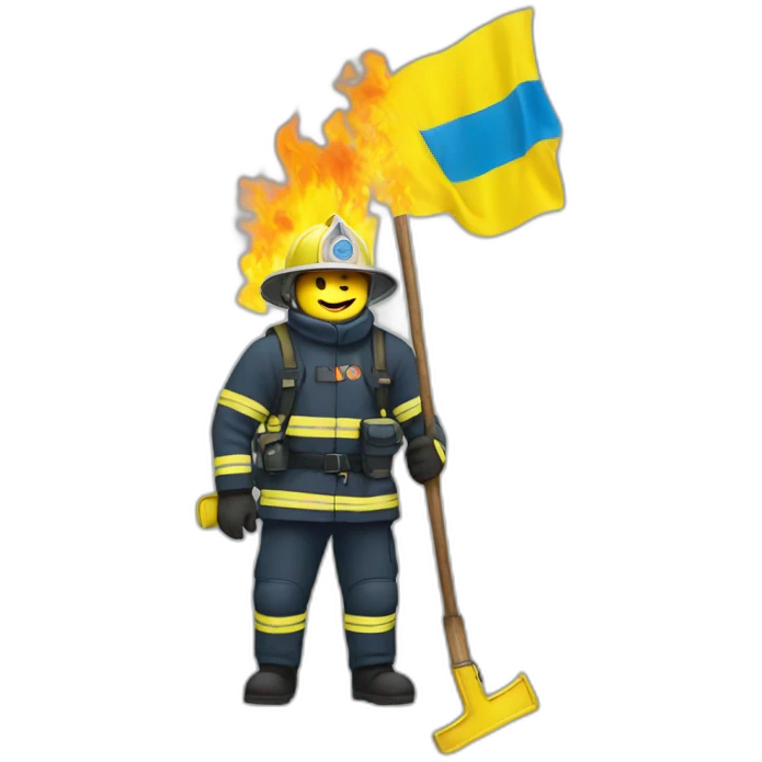 Ukrainian firefighter with the flag of Ukraine puts out the fire emoji