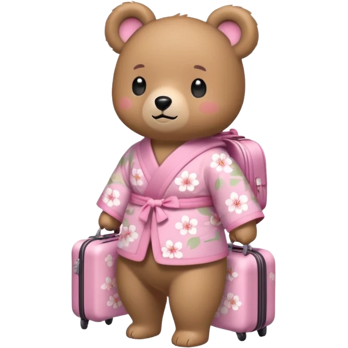 A cute light-brown bear wearing a pastel pink sakura-patterned kimono, normal balanced body ratio.  
Pulling a small suitcase with cheerful excited eyes, backpack on the back, ready for a trip.  
Kawaii emoji style, minimalistic clean sticker illustration, white background. emoji