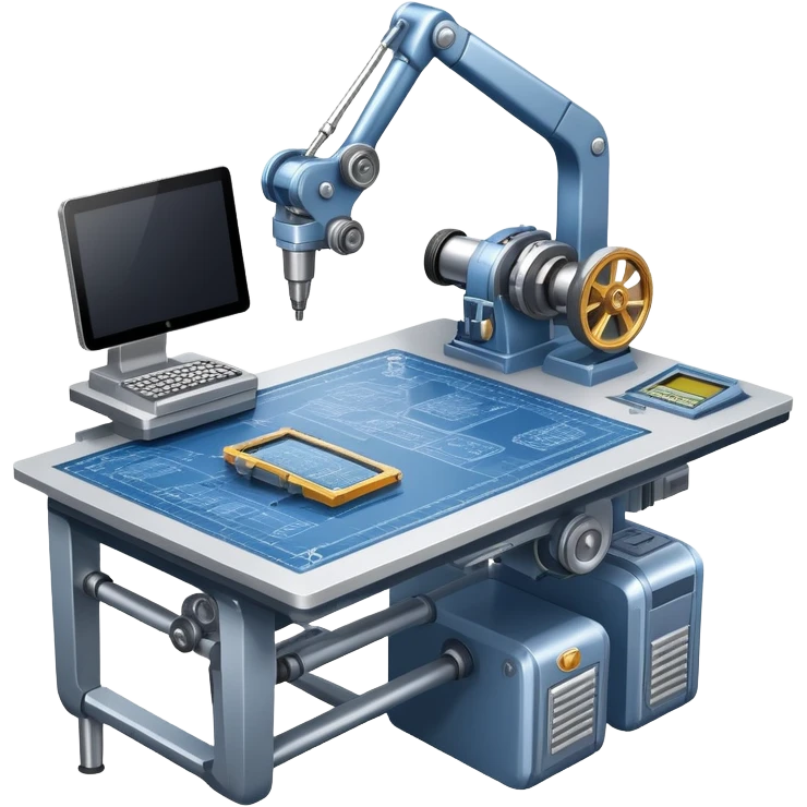 An icon featuring an engineer’s desk with blueprints, a ready machine, and microchips, symbolizing engineering. The design includes gears, tools, and a caliper, representing the design and construction of innovative technologies. Transparent background highlights the precision emoji