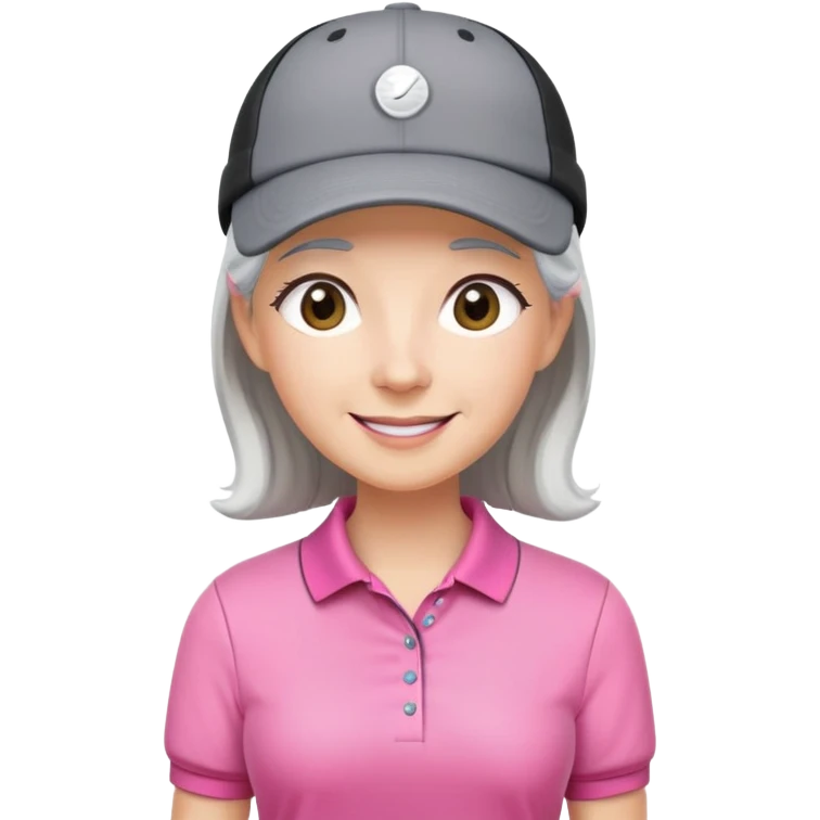 A happy female golfer with gray hair, pink polo shirt, a black skort, white cap emoji