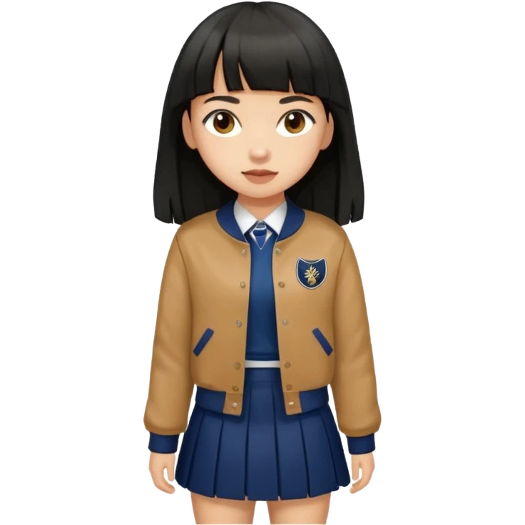 hair : black long hair with fringe 
skin : light 
cloth : brown varsity jacket + navy long long school girl skirt 


 emoji