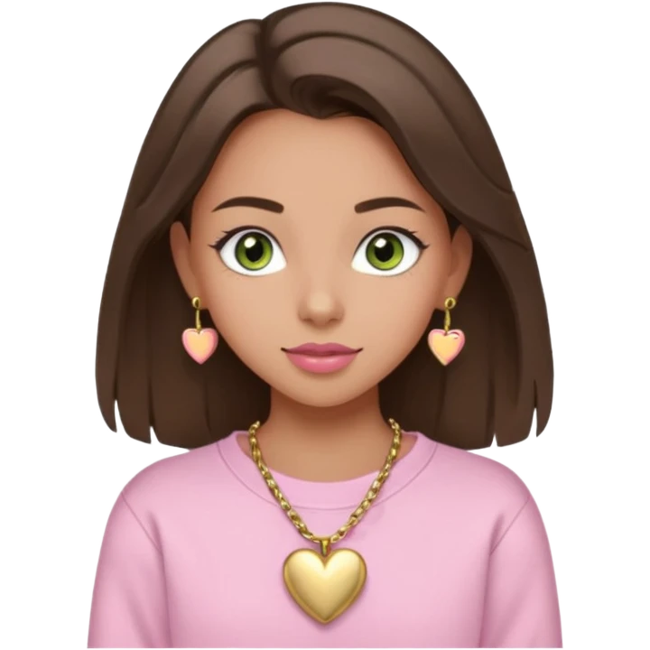 Create a teen girl wearing a light pink sweatshirt. She will have brunette hair, tan skin, pink lips, and grey-green eyes. She has long eyelashes. She is wearing gold stud earrings and a gold necklace with a heart-shaped pendant. emoji