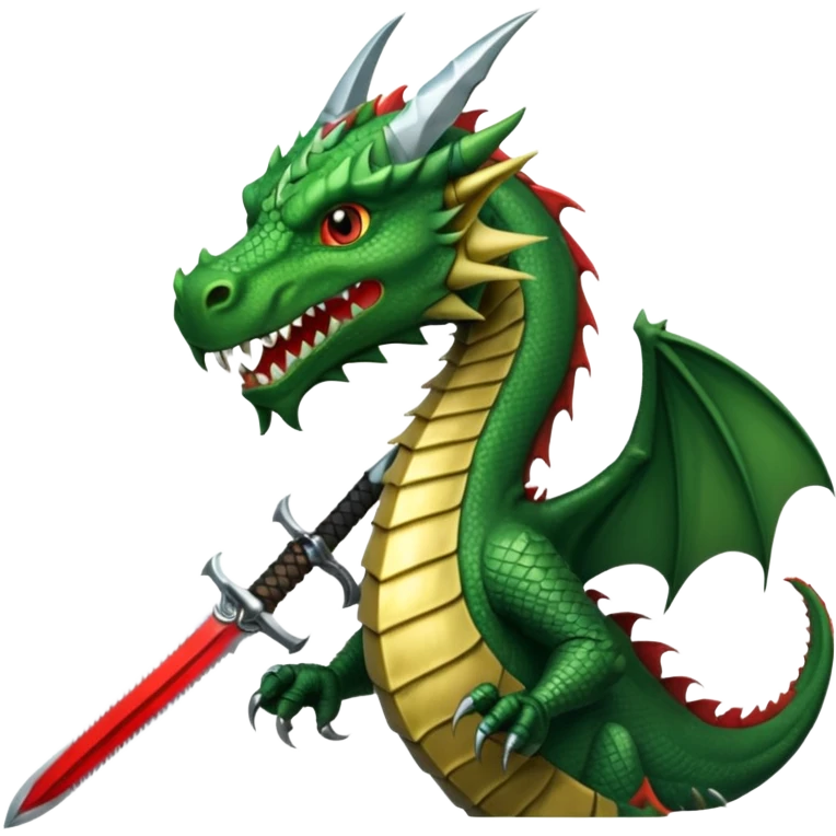 green dragon head with medieval sword above, sword with classic knight's hilt and wide blade, simple bold details, transparent background emoji