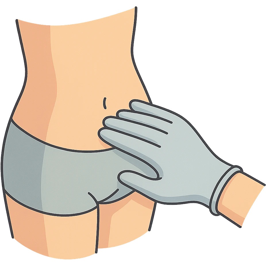 close-up of human abdomen, a doctor's hand palpating, hand wearing light glove, hand coming from opposite side, fingers gently pressing, 2D isometric style, very detailed, soft rounded shapes, clean contours, pastel palette, refined shadows and highlights, modern illustration, transparent background emoji
