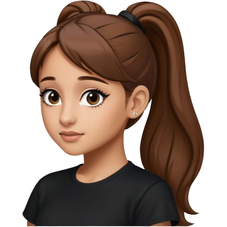 Ariana Grande high ponytaw with brown hair and with black thsirt and and eyeliner emoji