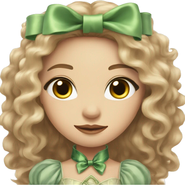 A woman with fair skin and green and eyes, light brown long wavy hair, dressed in a fantasy dress with fluffy sleeves, holding a bow for shooting emoji