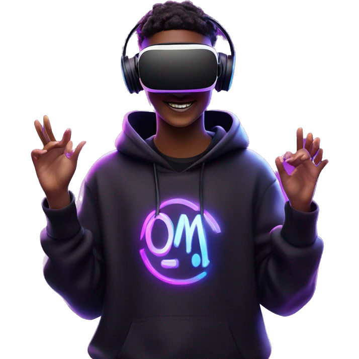 Happy student wearing a black hoodie with "OMG" letters on it and VR headset oculus quest 2 in a cyberpunk VR environment with violet neon lighting. emoji