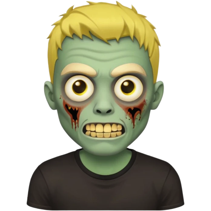 I want you to give me a zombie man and his skin its green who has golden teeth, yellow eyes, eyebrows and black hair, the hair I want to be a medium modcut cut and is wearing a brown affliction T-shirt and the style being like a memoji from iphone emoji