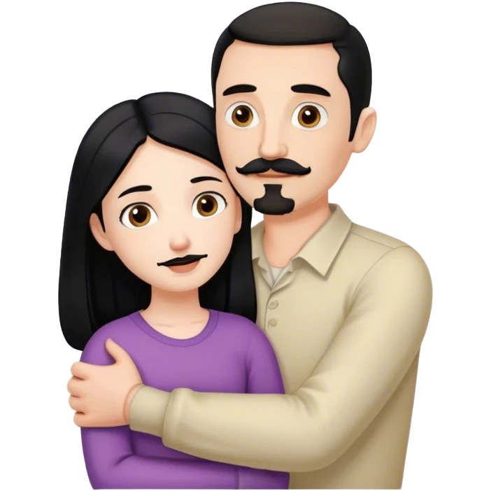 Couple, Tall pale man with brown mustache and goatee, hugging small pale woman long with black hair emoji