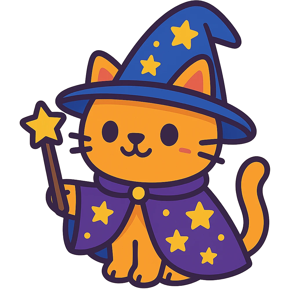 cute colorful cartoon style wizard cat with a wizard hat emoji