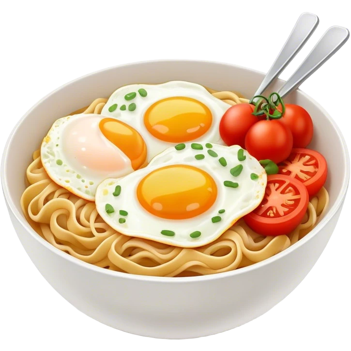 Spicy bowl of noodles with fried eggs and tomatoes  emoji