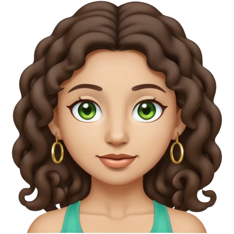 yoga emoji girl with long dark brown curly and greenish brown eyes and medium light skin color. she is also wearing small hoop earrings emoji