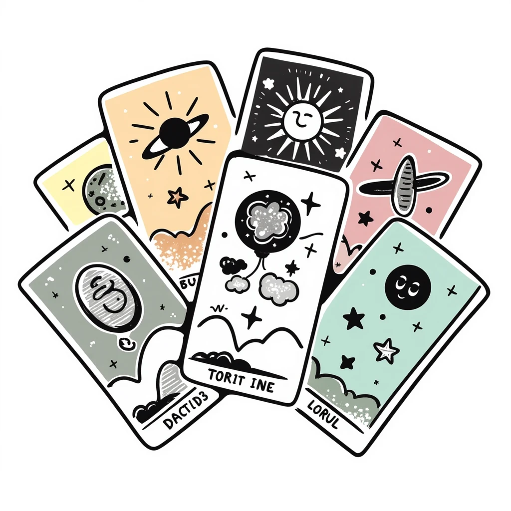 Mystical tarot cards arranged in a fan or spread pattern with celestial and mystical symbols. Using specific pastel colors (dd9fb0, ffc6d3, a3bfc9, c4bee2, f1b091). Hand-drawn doodle style with intricate details of cards showing symbols like sun, moon, stars. Transparent background. emoji