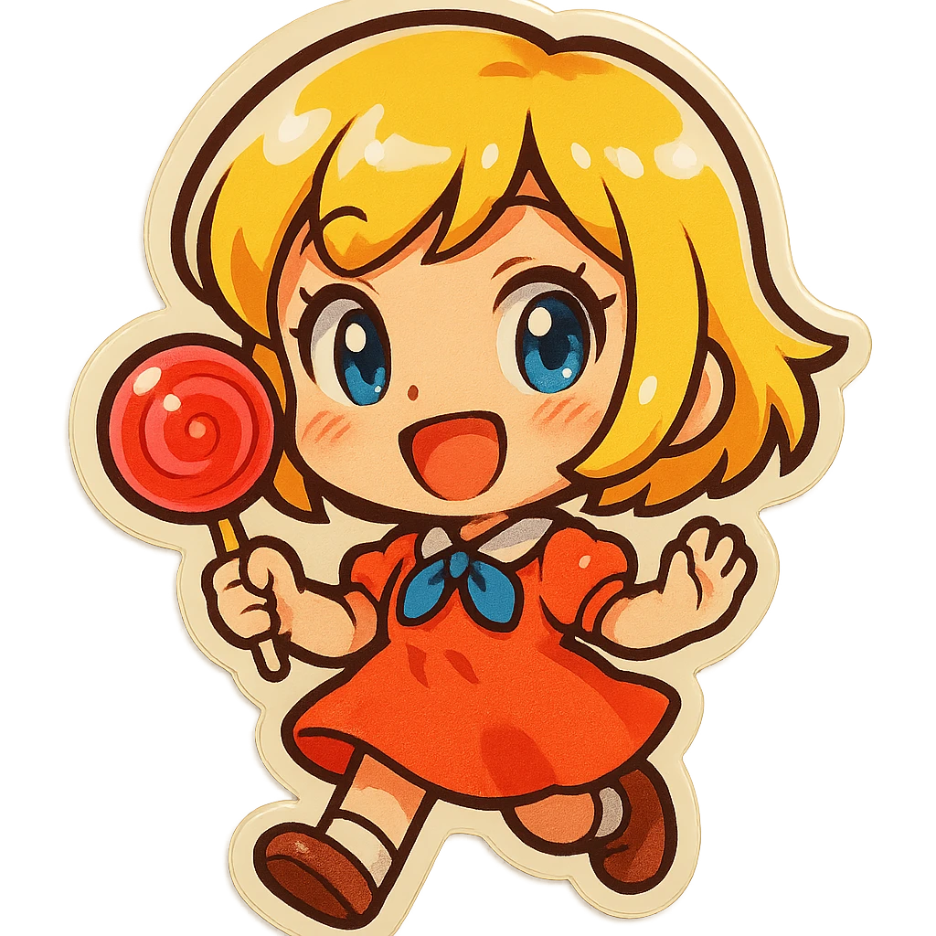 chibi anime girl with short blonde hair, holding a lollipop, cheerful, retro stickers style emoji