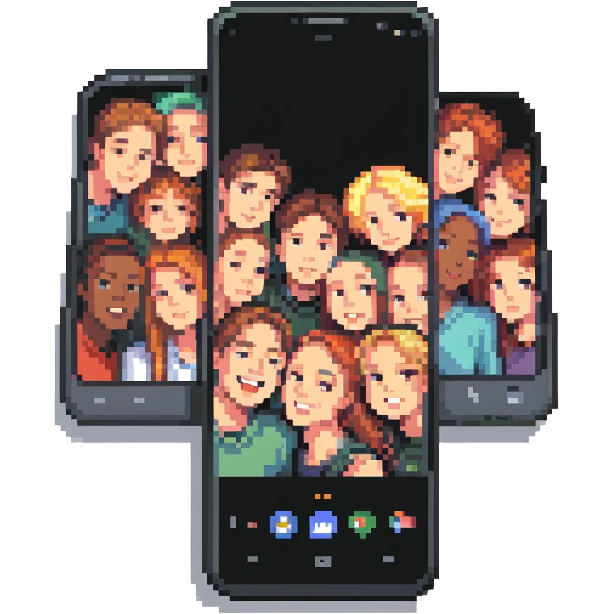 Y2K folder phone, open, showing a group selfie on the screen emoji