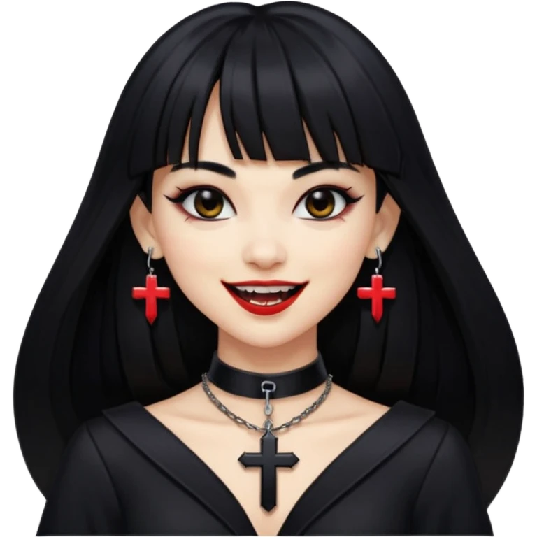 vampira com cabelo preto longo e liso e franja, olhos pretos, brincos em formato de cruz, choker em formato de cruz, roupa preta com decote, batom preto e sorrindo mostrando as presas de vampira emoji