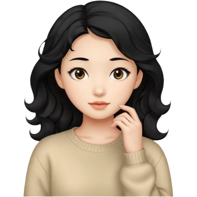 Beautiful girl,Black hair, wavy long hair,Black eyes,Chinese, beige sweater  emoji