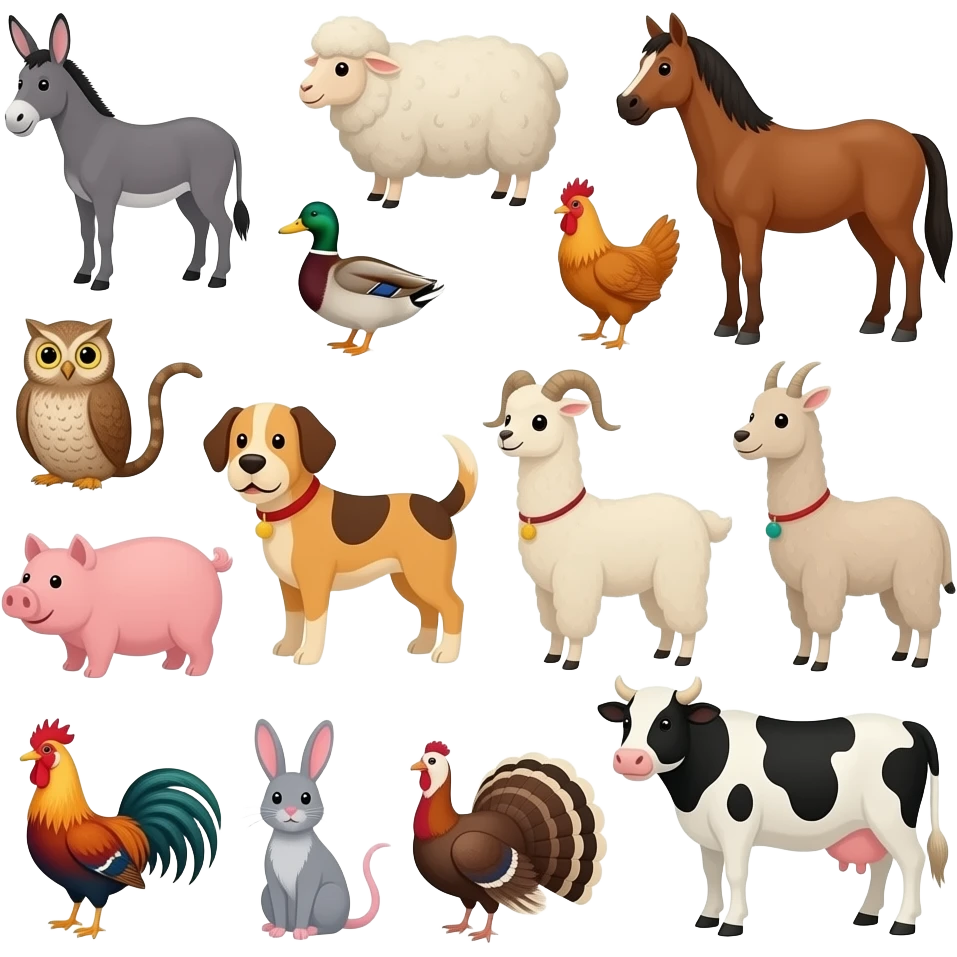 16 farm animals inside the barn: donkey, duck, sheep, chicken, horse, owl, cat, dog, pig, goat, llama, rooster, mouse, rabbit, Turkey, and cow emoji