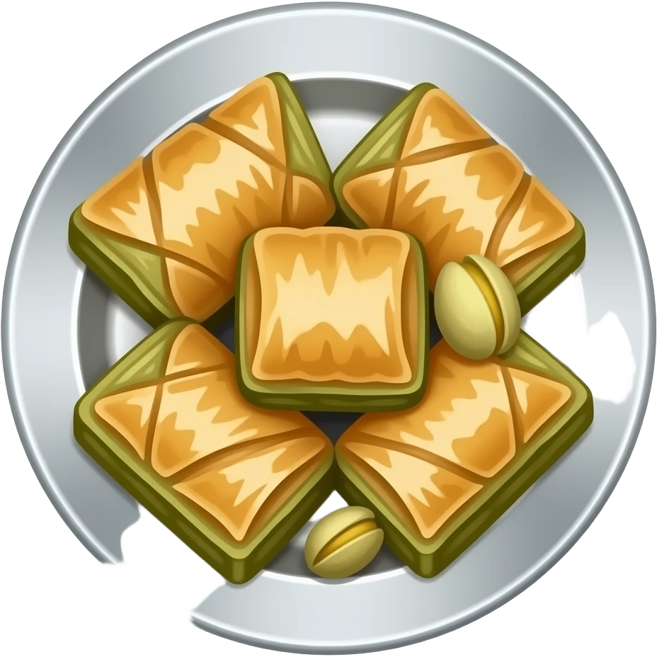 Gümüş bir tabakta 6 adet 2li şekilde 3 sıra dizilmiş fıstıklı baklava emoji