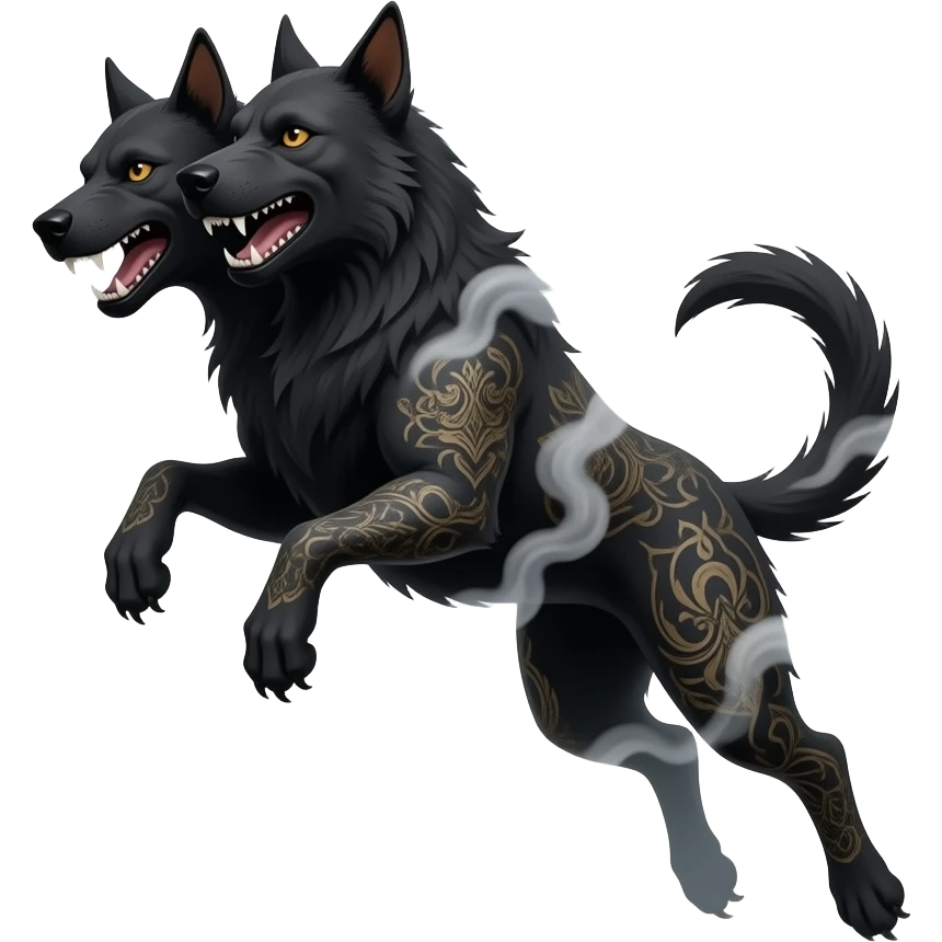 cinematic - cerberus, a three-headed creepy black hellhound in a jump, in smoke, tattooed emoji