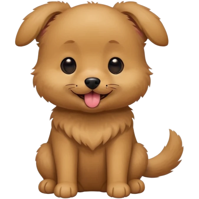 Cute small brown fluffy dog emoji icon. Round face, short muzzle, light brown fur with slightly darker ears, small black nose, happy smiling expression with tongue out. Soft friendly eyes, sitting pose with front paws together. Simple clean vector style, minimal details, kawaii style. emoji