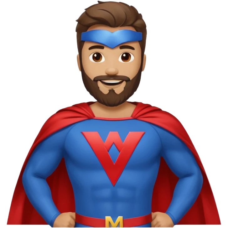 бородатый мужчина в костюме супер героя с буквой М на груди веселится  emoji