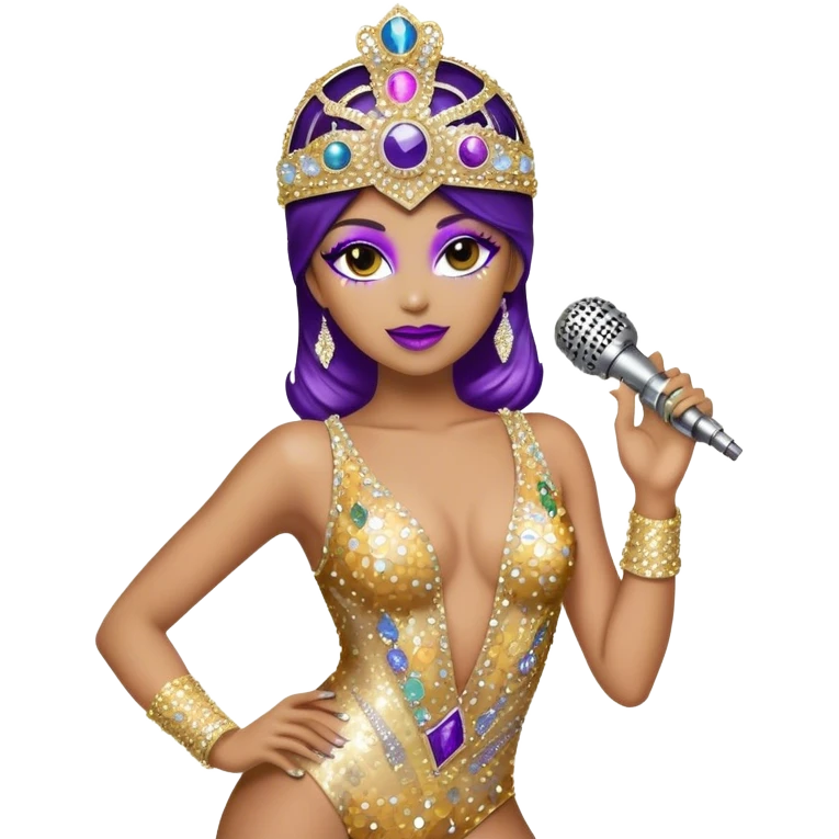 Create a glamorous and vibrant emoji representing stage vocal performance. The design should feature a classic vintage microphone at the center, surrounded by an eye-catching stage costume covered in rhinestones, sparkling brightly. The costume should be stylized, with glittering elements like sequins and sparkles, and reflect the glitzy, extravagant nature of show business. The microphone should have a sleek, retro look with chrome or metallic accents. Use rich, dazzling colors like gold, silver, deep purple, and bright red to evoke the glamorous, larger-than-life feel of a stage performance. The background should be transparent. emoji